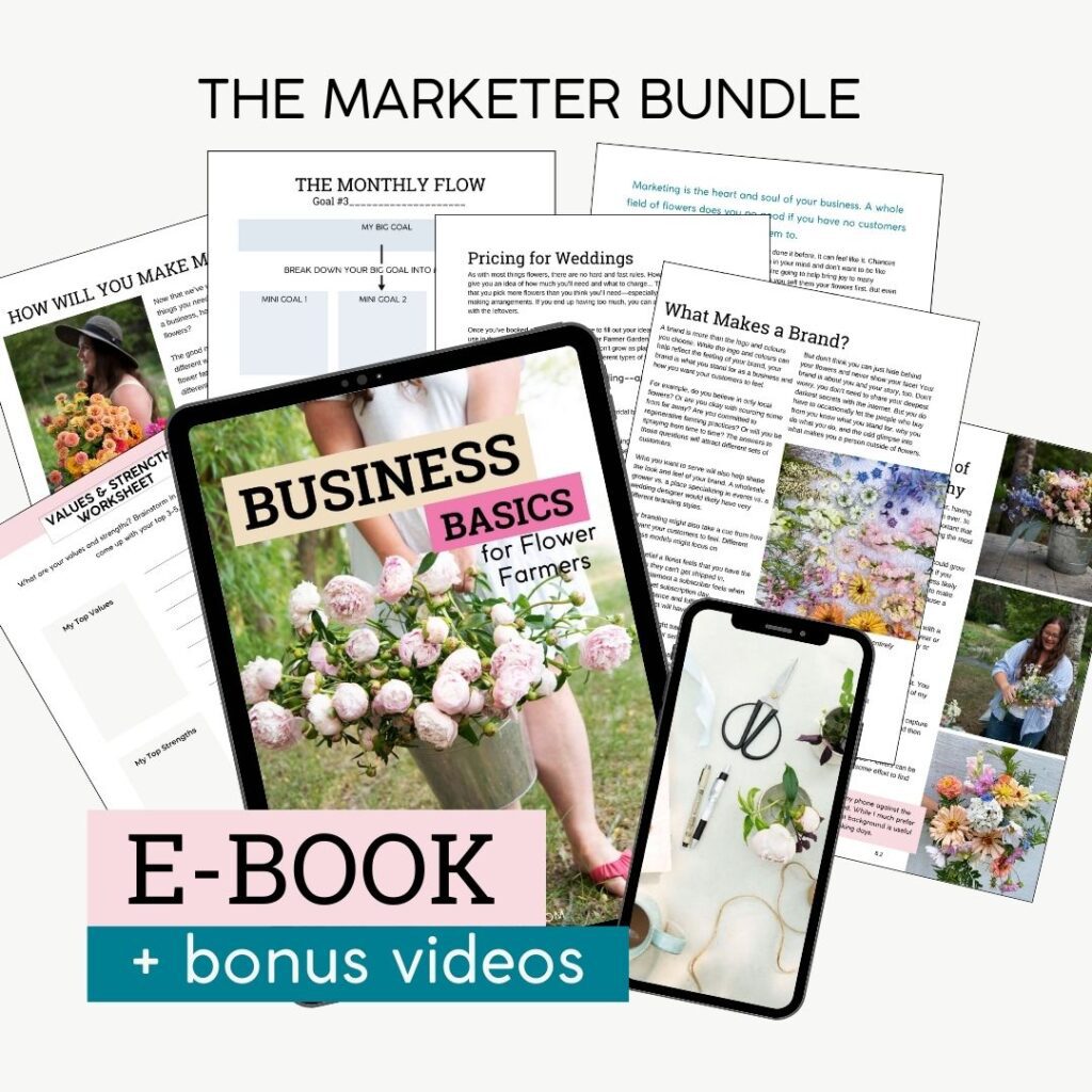 A selection of pages from Business Basics for Flower Farmers, with an iPad and iPhone showing this is a digital product.