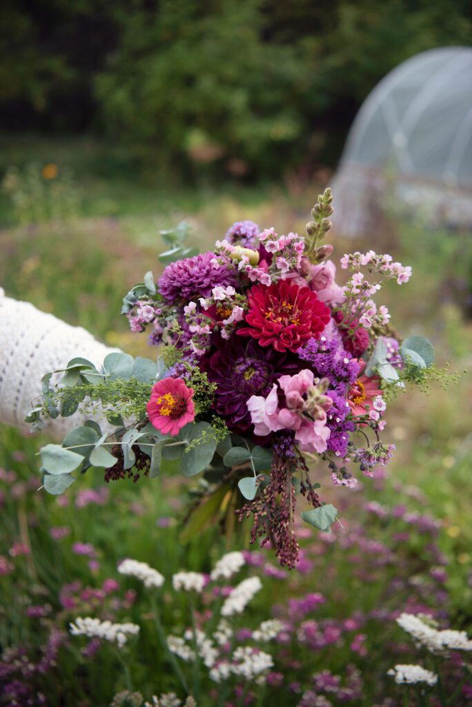A person holding a vibrant bouquet featuring pink, red, and purple flowers with greenery. The background shows blurred greenery and a garden structure, suggesting a garden setting.