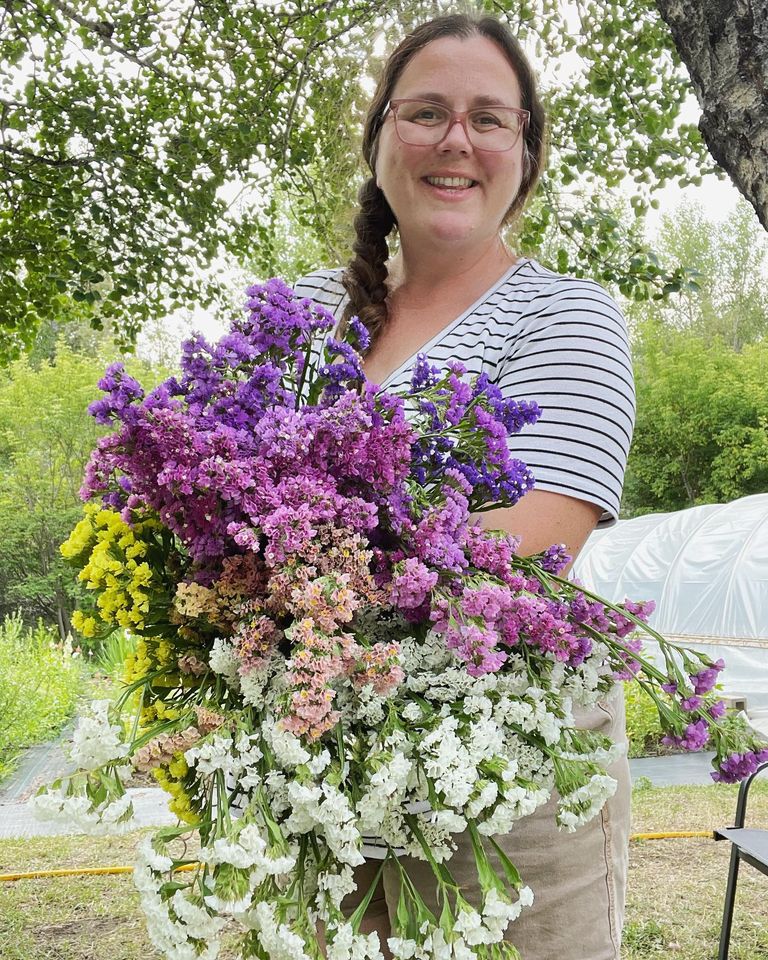 A smiling woman with glasses and a striped shirt stands outdoors, holding a large, colorful bouquet of assorted statice, known to grow well in cold climates and perfect for use as dried flowers. Green trees and a greenhouse are in the background.